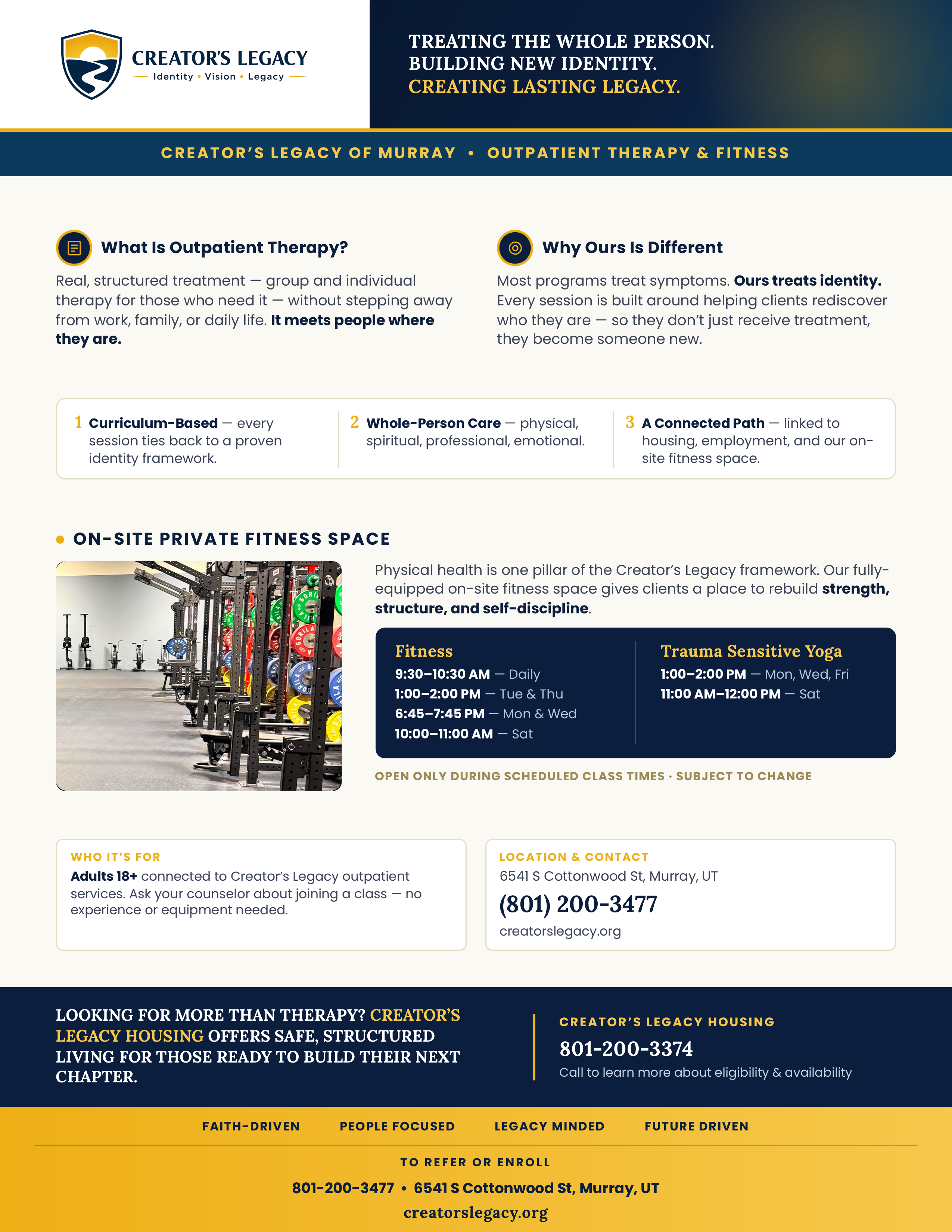 Creator's Legacy of Murray Outpatient Therapy & Fitness flyer. Covers what outpatient therapy is, why the program is different through identity-based care, the on-site private fitness space with fitness and trauma sensitive yoga times, who it's for (adults 18+), and location and contact details: 6541 S Cottonwood St, Murray, UT, phone 801-200-3477.